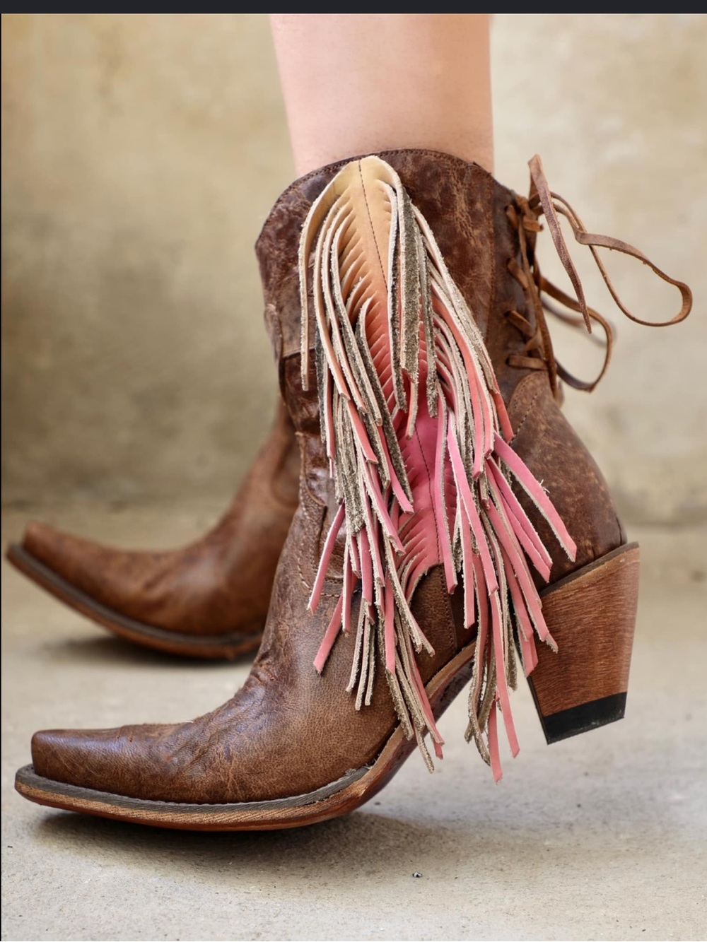Western Fringe Ankle Boots - Brown with Pink Fringe